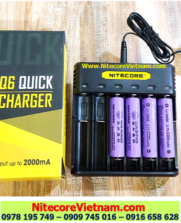 Nitecore Q6 (Bộ sạc 06 Khe Sạc kèm sẳn 04 pin SẠC 18650 WASING 2300mAh đầu lồi lithium 3.7v) chính hãng